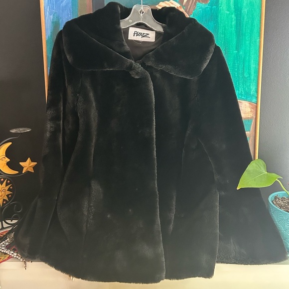 Pizazz Vintage Luxurious Black Faux Fur Pea Coat M - Picture 4 of 16